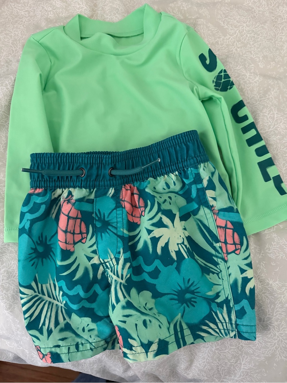 Carter's Neon Green Rash Guard with Teal & Coral Tropical Swim Trunks